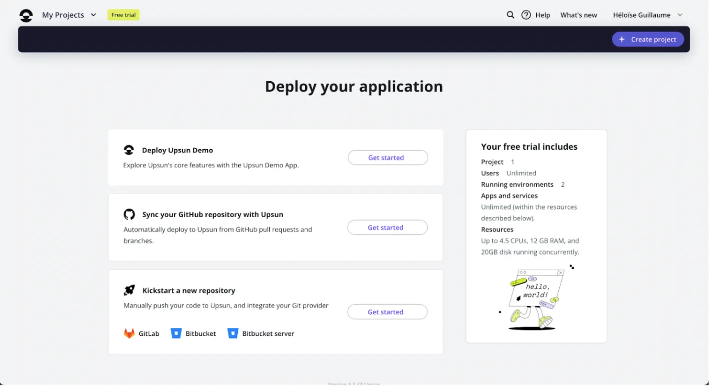 Tableau de bord d'Upsun. L'interface nous invite à créer un projet pour déployer notre application.