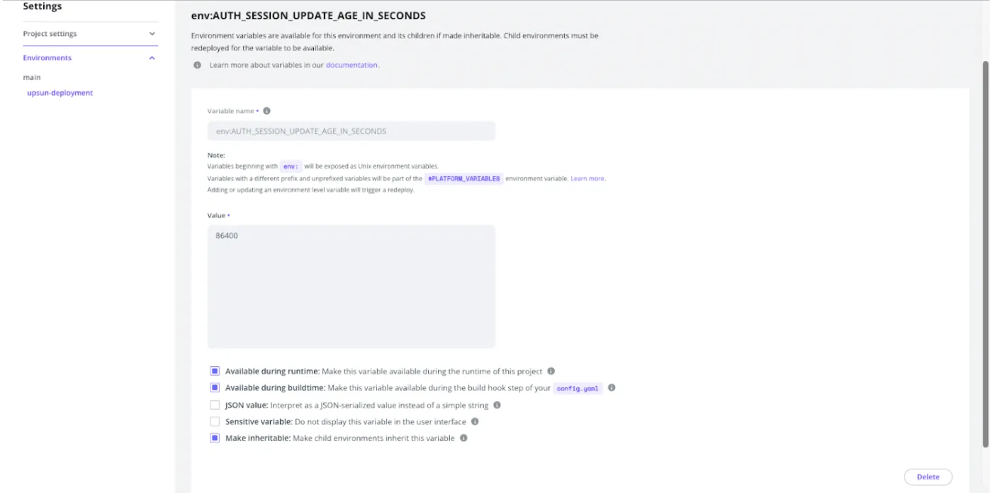 Page de création d'une nouvelle variable d'environnement sur le projet Upsun.