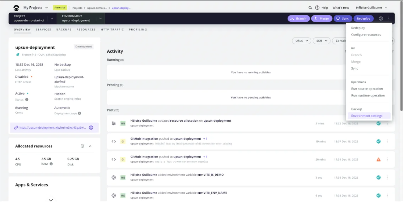 Tableau de bord - Gestion générale du projet Upsun.